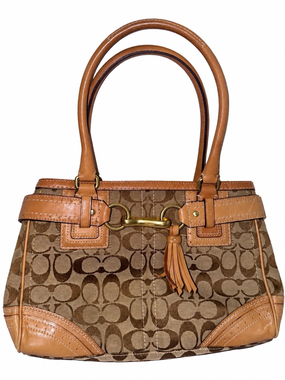 Coach Tan Signature Canvas Shoulder Bag with Tassel